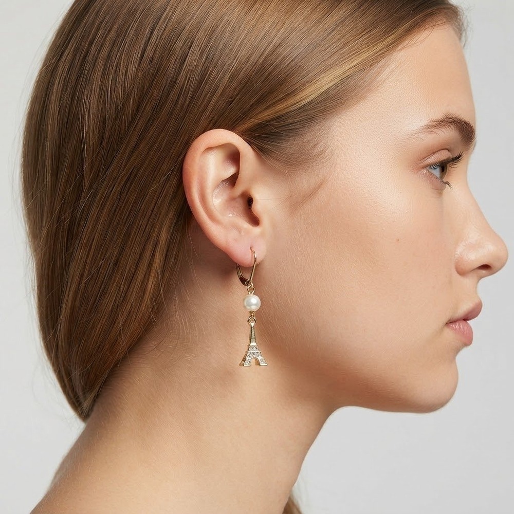 Karl Lagerfeld Paris Eiffel Tower Pearl Crystal Gold Tone Drop Earrings NEW